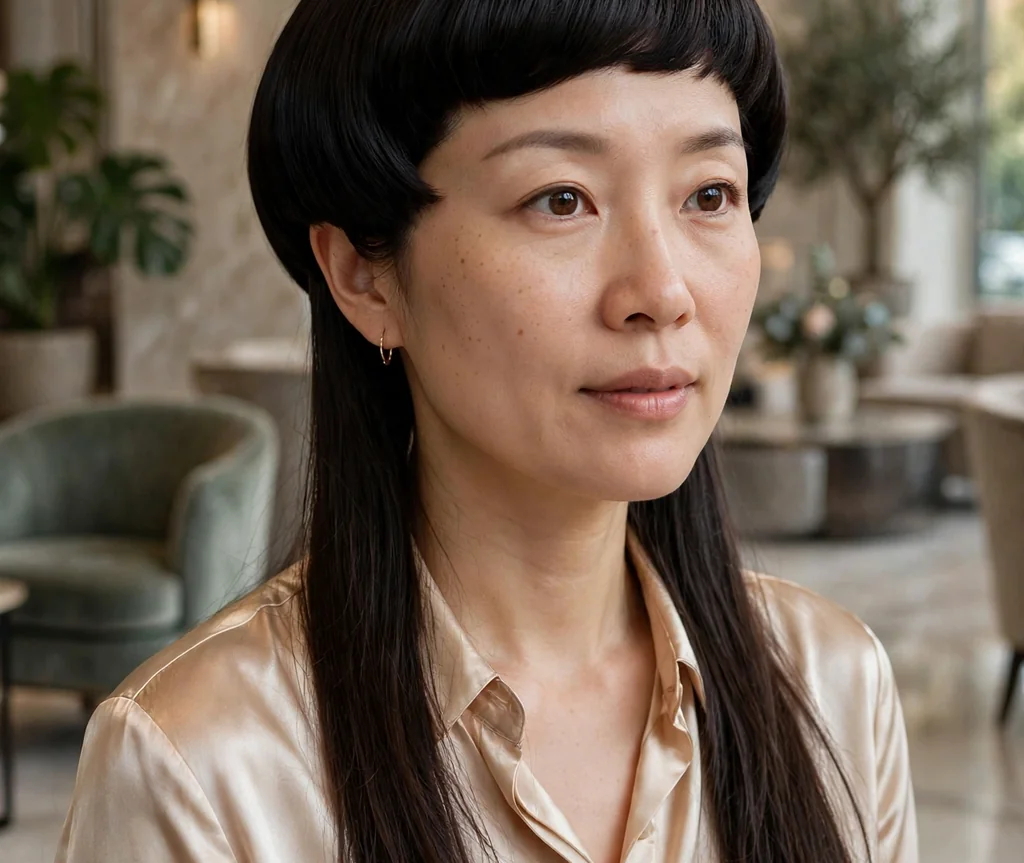 Woman with a sleek straight jellyfish haircut in a hotel lobby