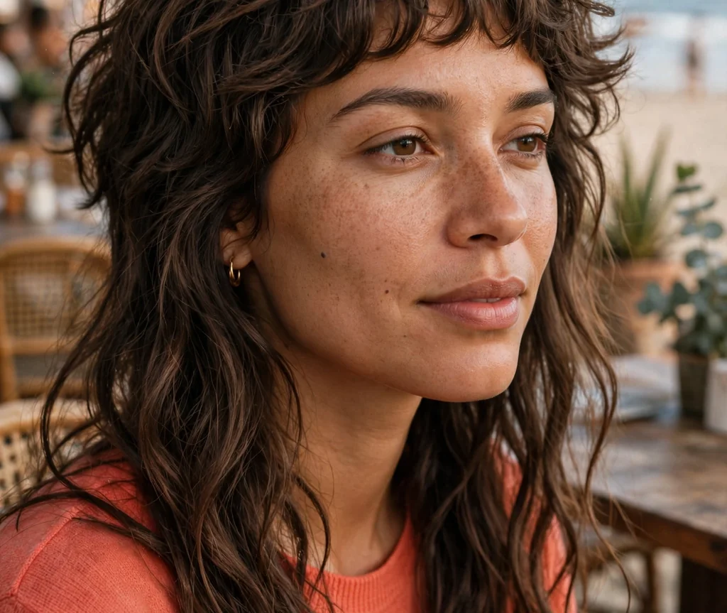 Woman with a wavy jellyfish haircut at a beachside cafe