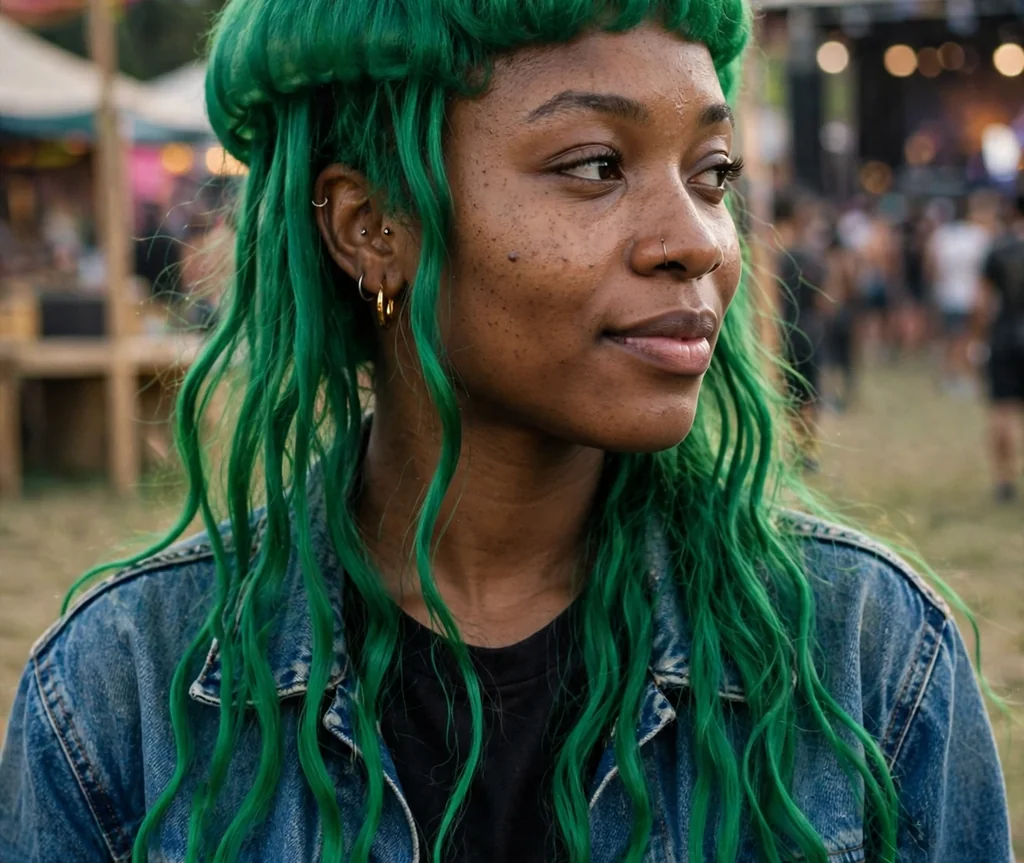 Woman with an emerald green jellyfish haircut at a music festival