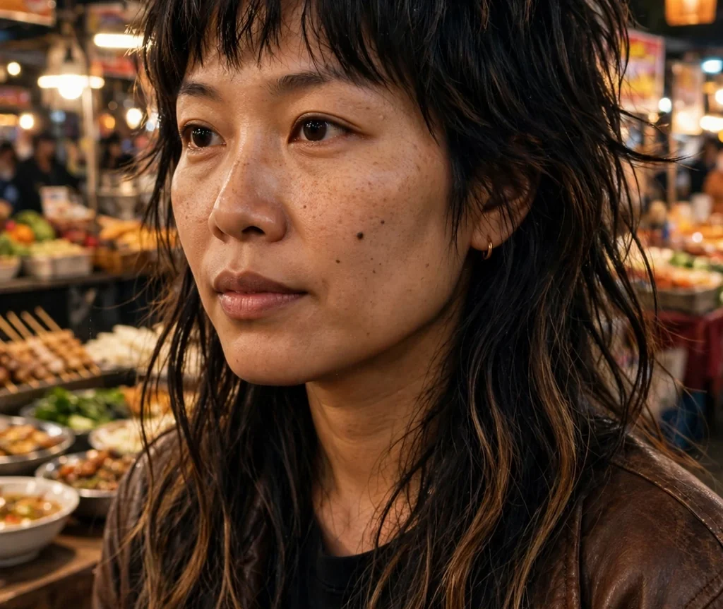 Woman with a jellyfish wolf cut hybrid at a night market
