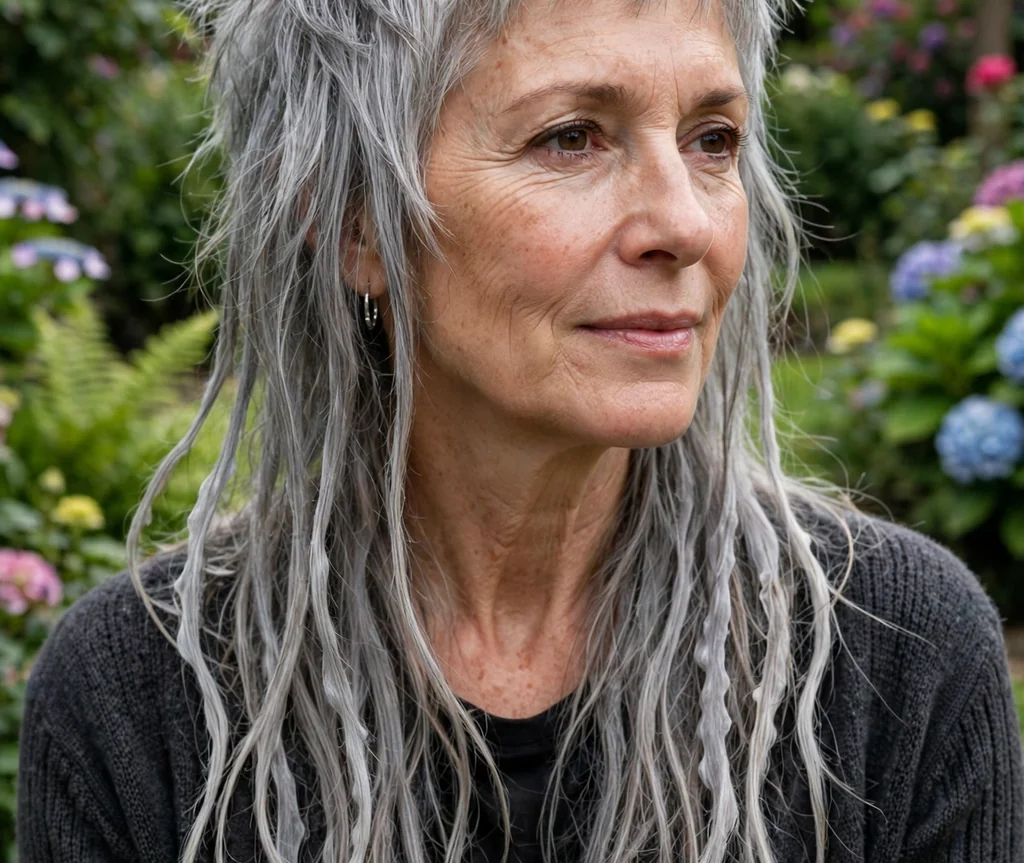 Woman over 50 with a silver layered jellyfish shag in a garden