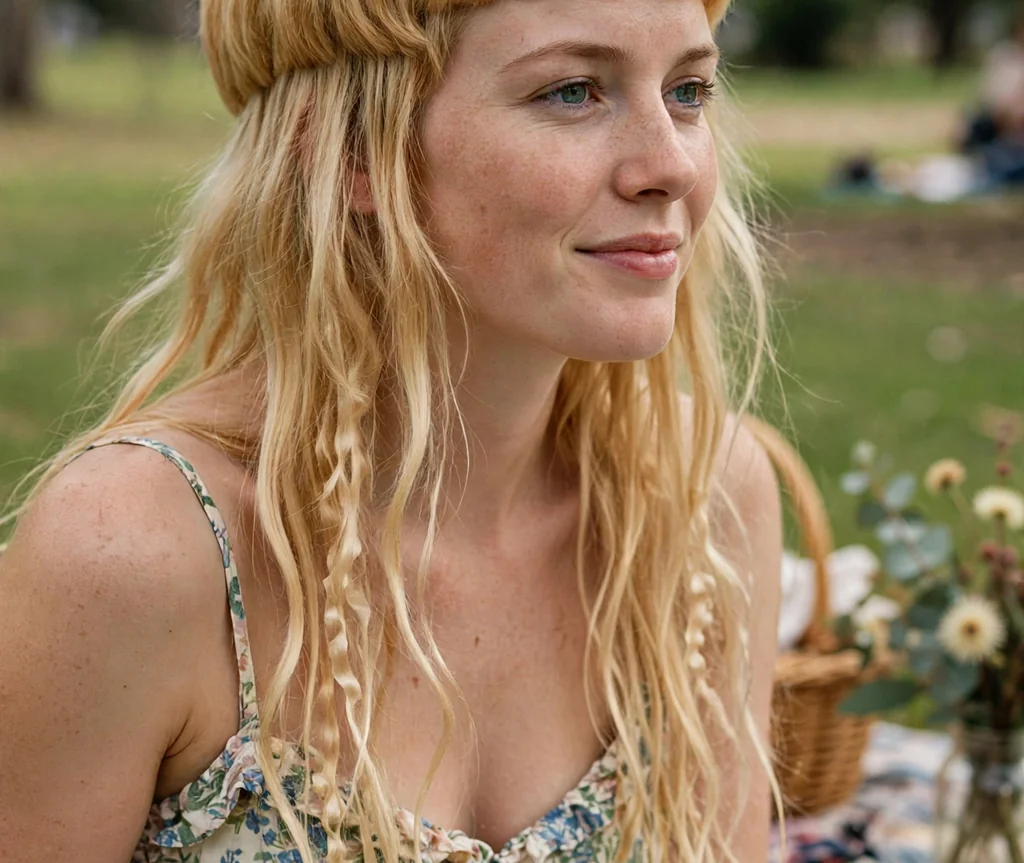 Woman with a honey blonde jellyfish haircut at a park picnic
