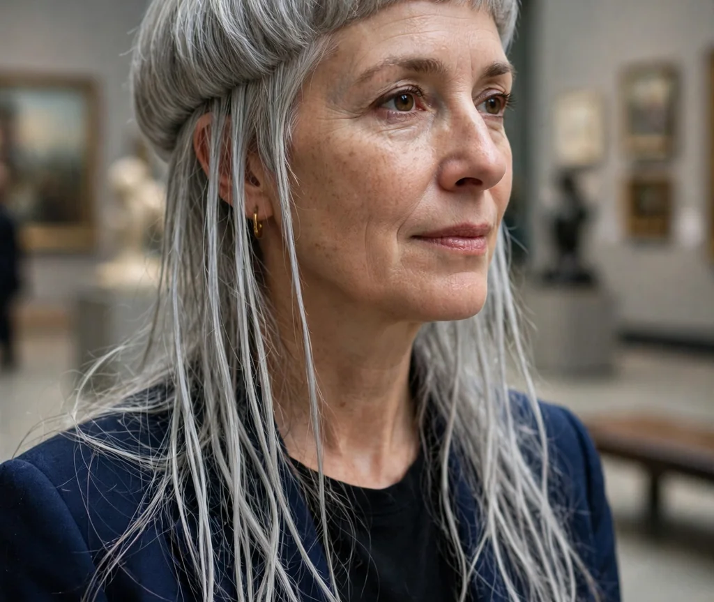 Woman with a silver grey jellyfish haircut in an art museum