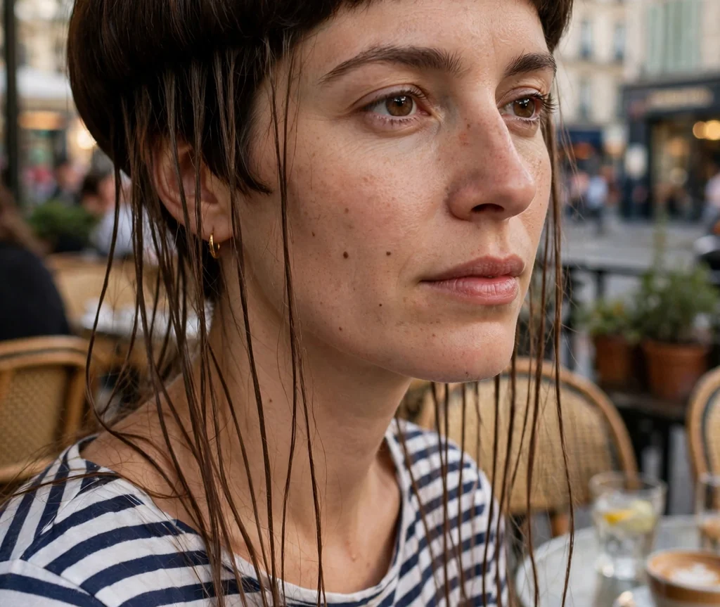 Woman with a jellyfish haircut and baby bangs on a Paris cafe terrace