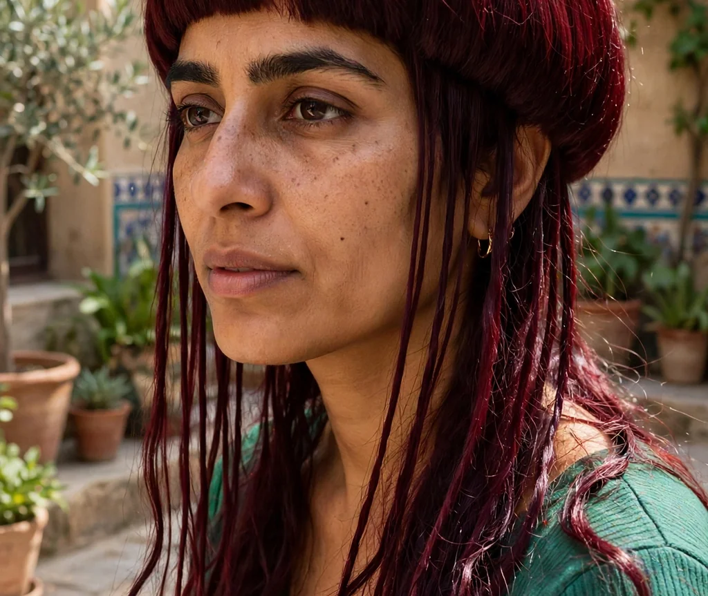 Woman with a burgundy jellyfish haircut in a sunlit courtyard