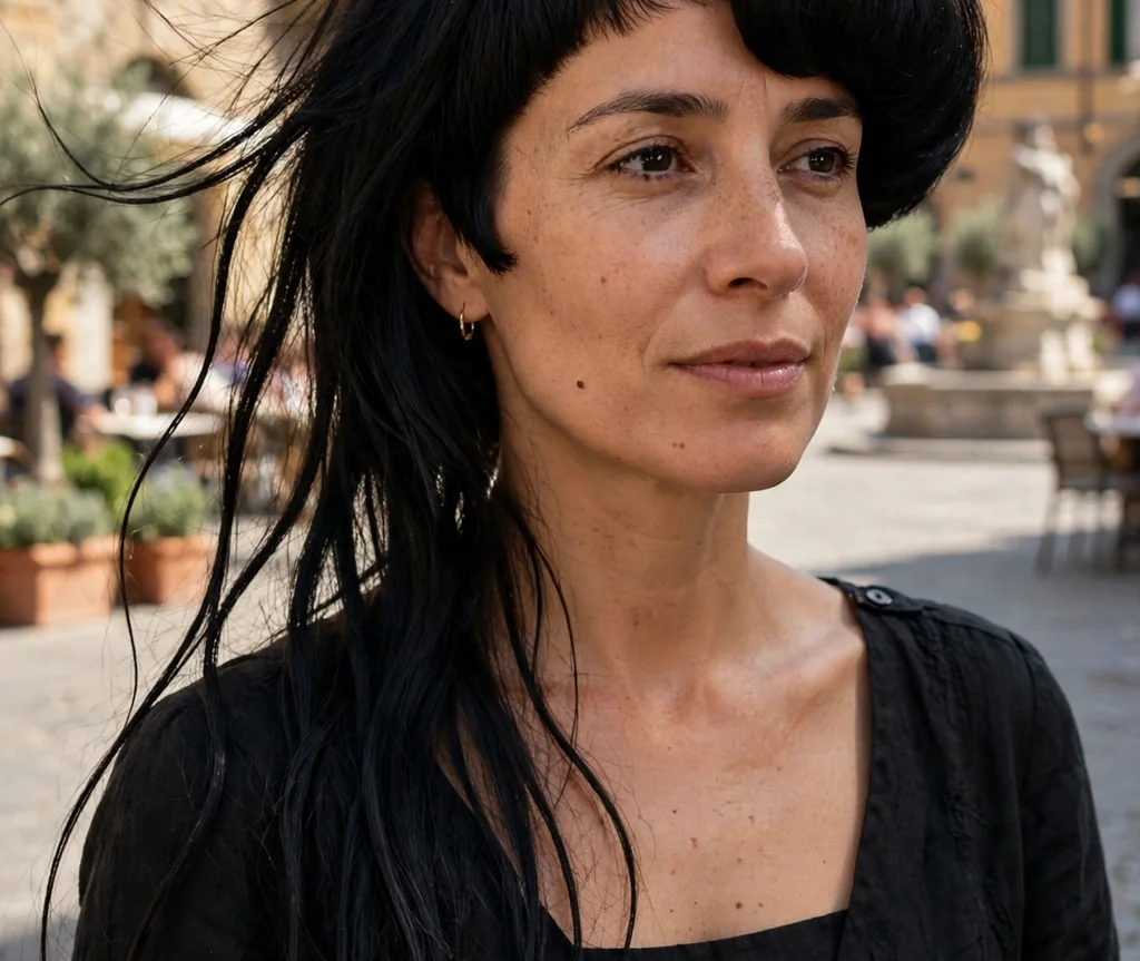 Woman with an asymmetrical jellyfish haircut in a sunlit piazza