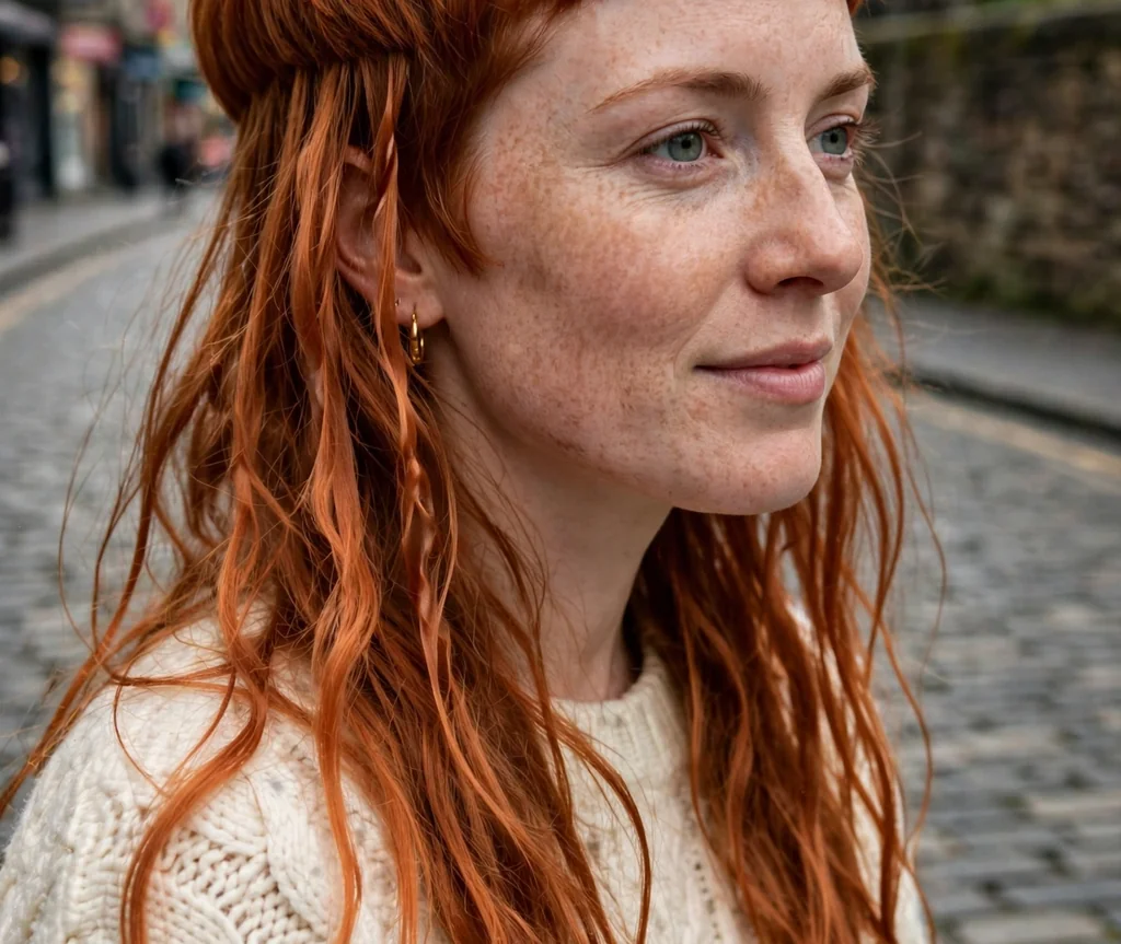 Woman with a copper jellyfish haircut on a cobblestone street