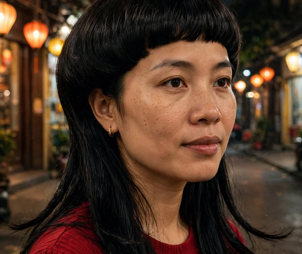 Woman with a midnight black jellyfish haircut on a lantern-lit street
