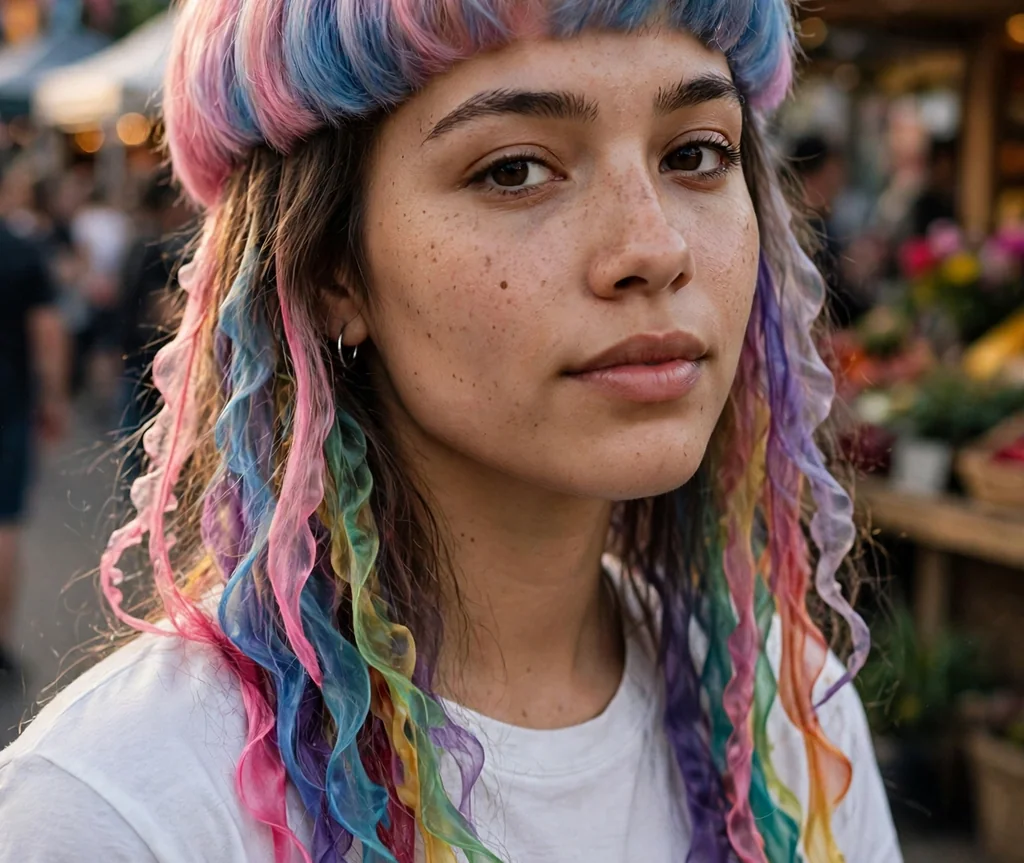 Young woman with a rainbow jellyfish haircut at a street festival