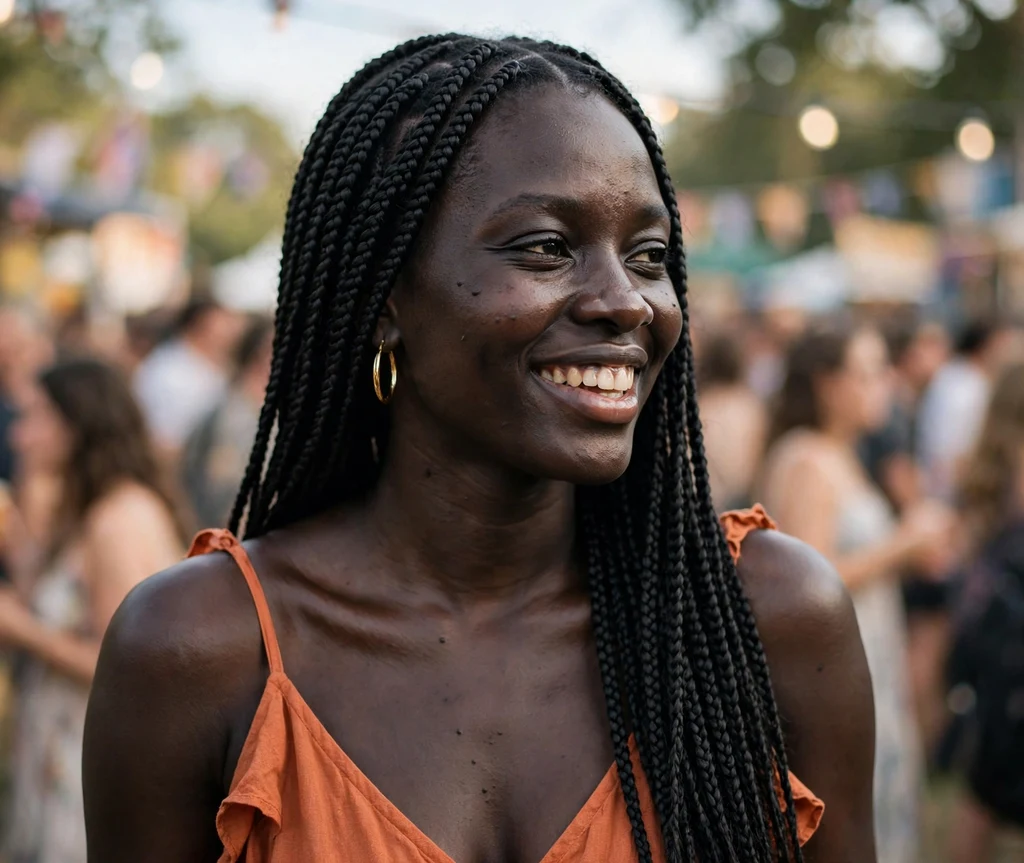 Black woman with long knotless box braids smiling at an outdoor event