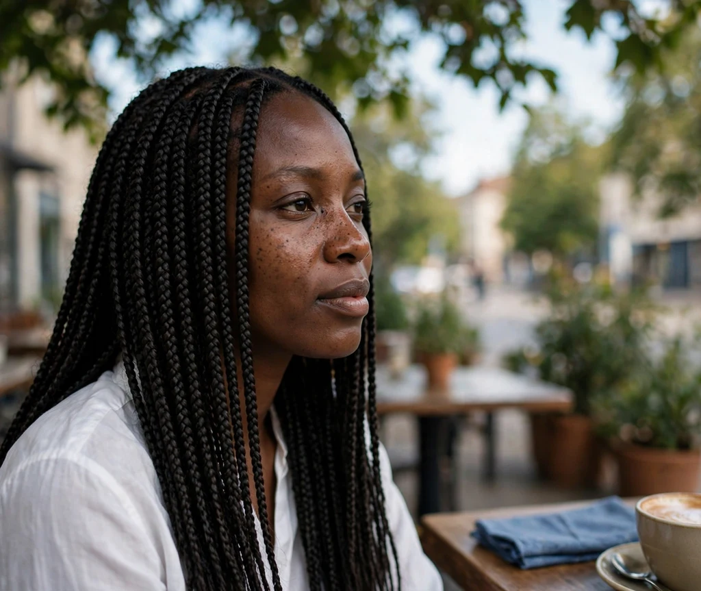 Black woman with classic waist-length knotless box braids in a middle part