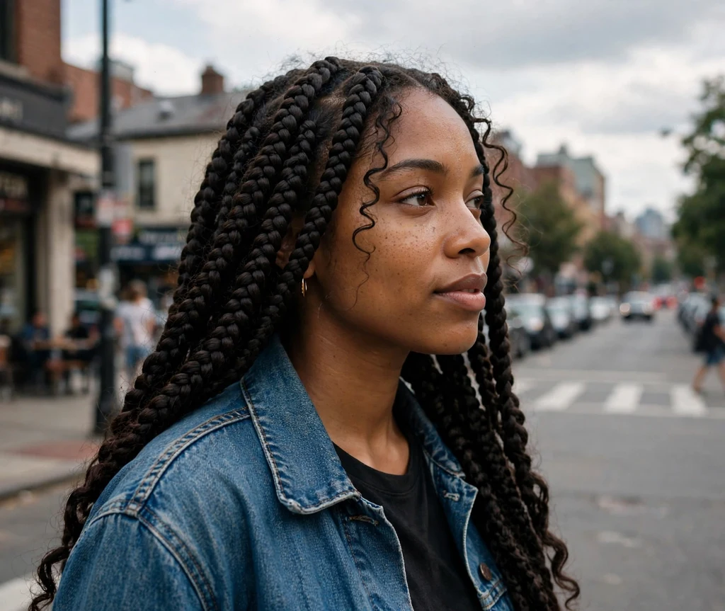 Black woman with jumbo knotless box braids over her shoulders