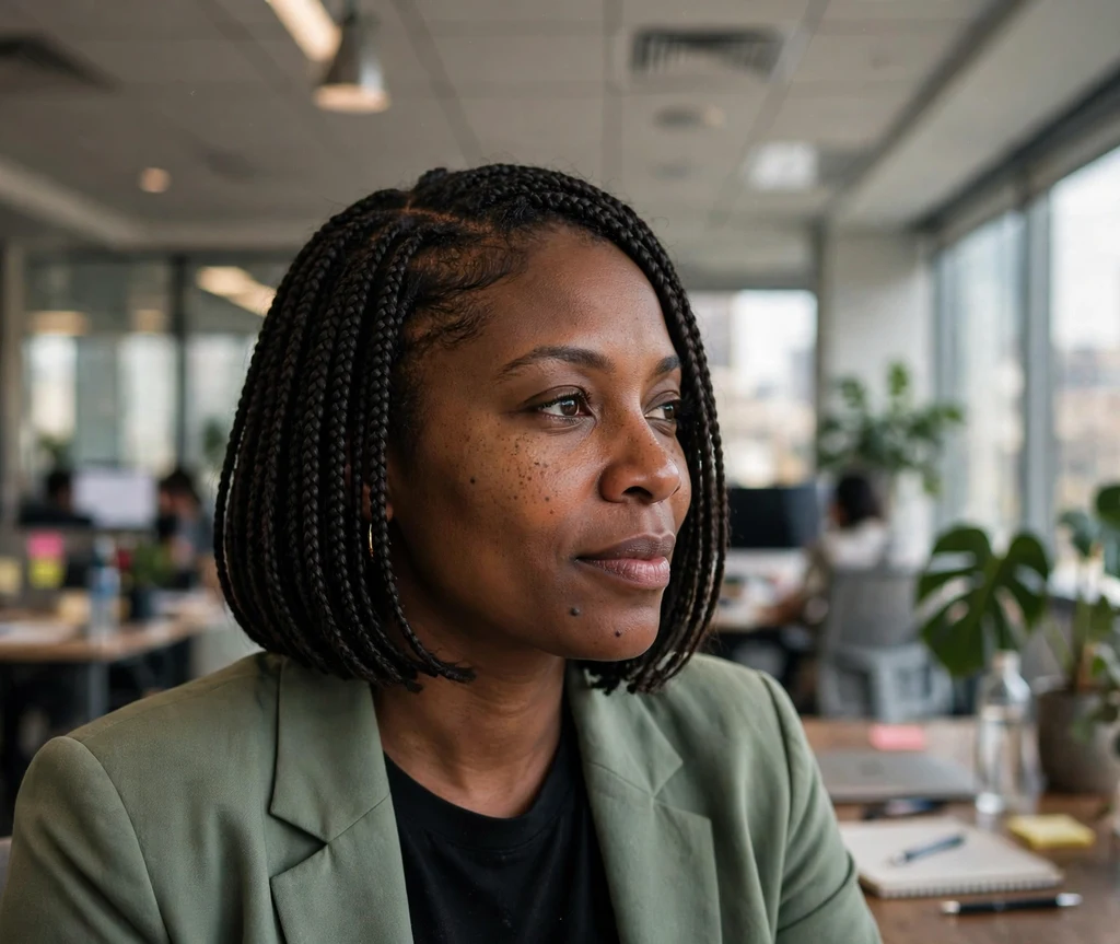 Black woman with chin-length bob knotless box braids and sunglasses