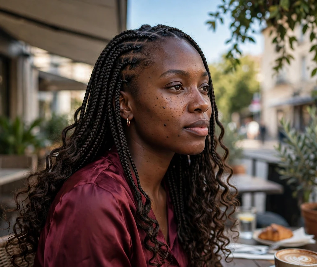 Black woman with goddess knotless braids and loose curly ends at a cafe
