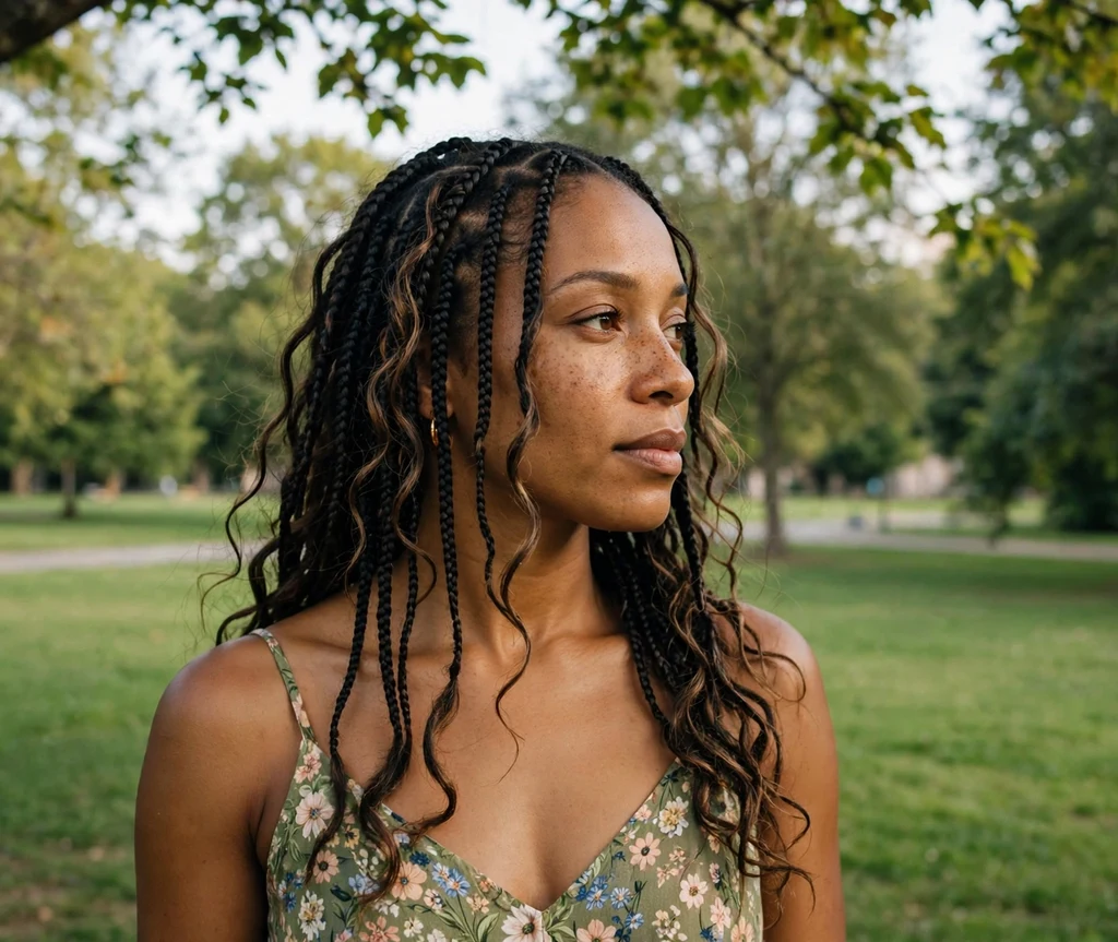 Black woman with boho knotless braids and wavy strands outdoors in a park