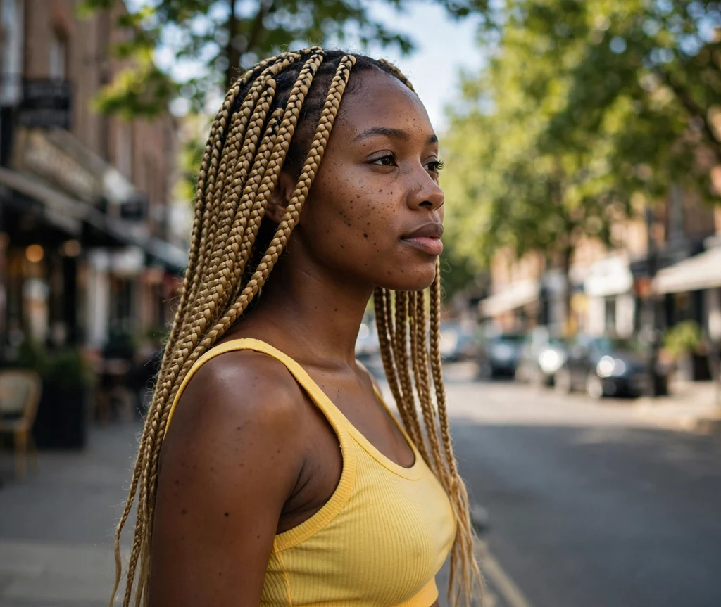 Black woman with honey blonde knotless box braids in a sunlit street