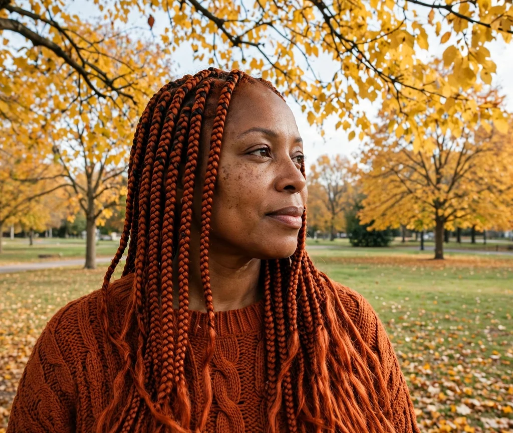 Black woman with copper colored knotless box braids in autumn light