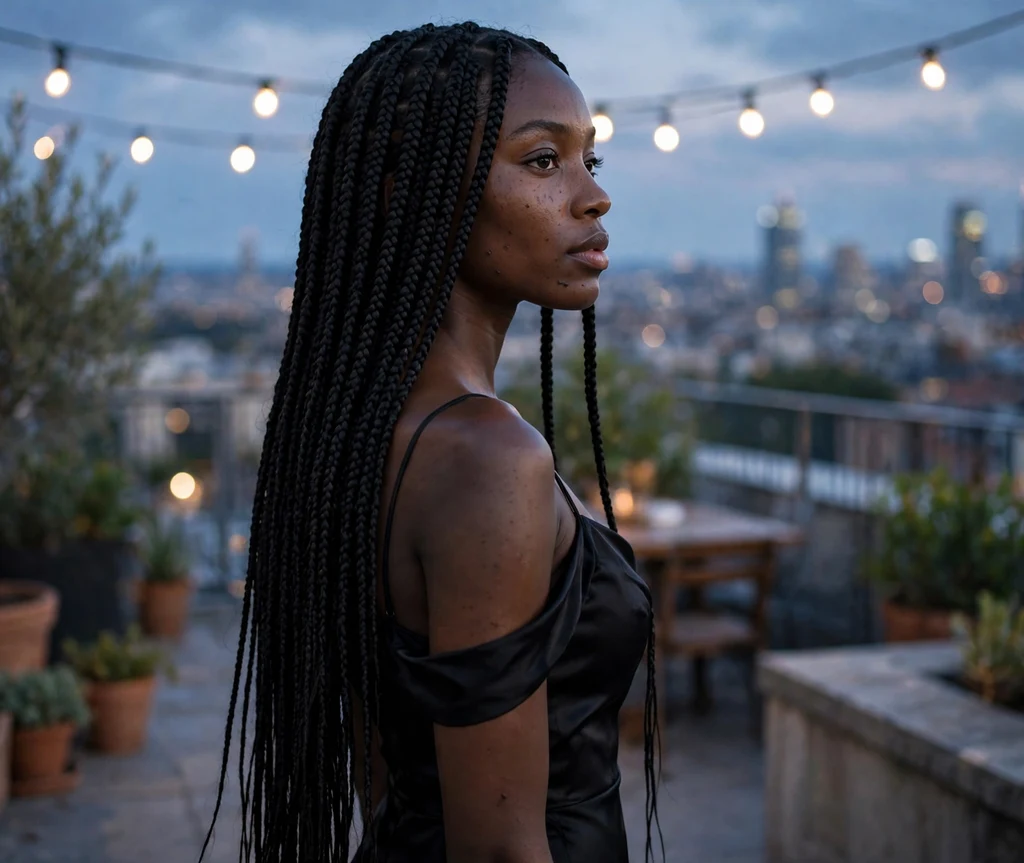 Black woman with extra long jet black knotless box braids from behind