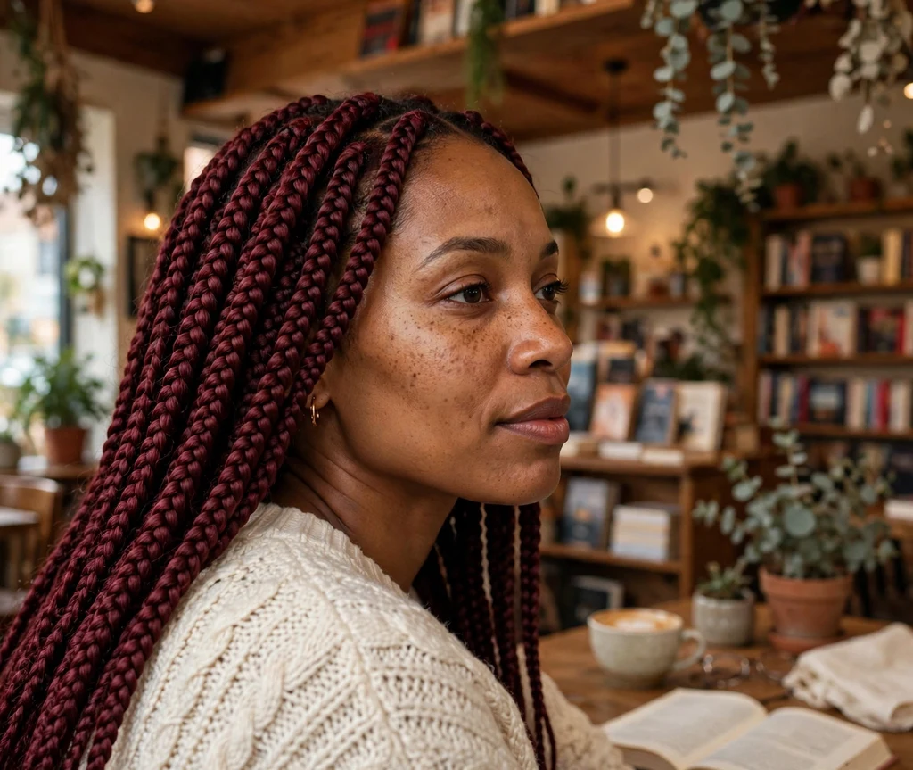 Black woman with burgundy colored knotless box braids at a rooftop party