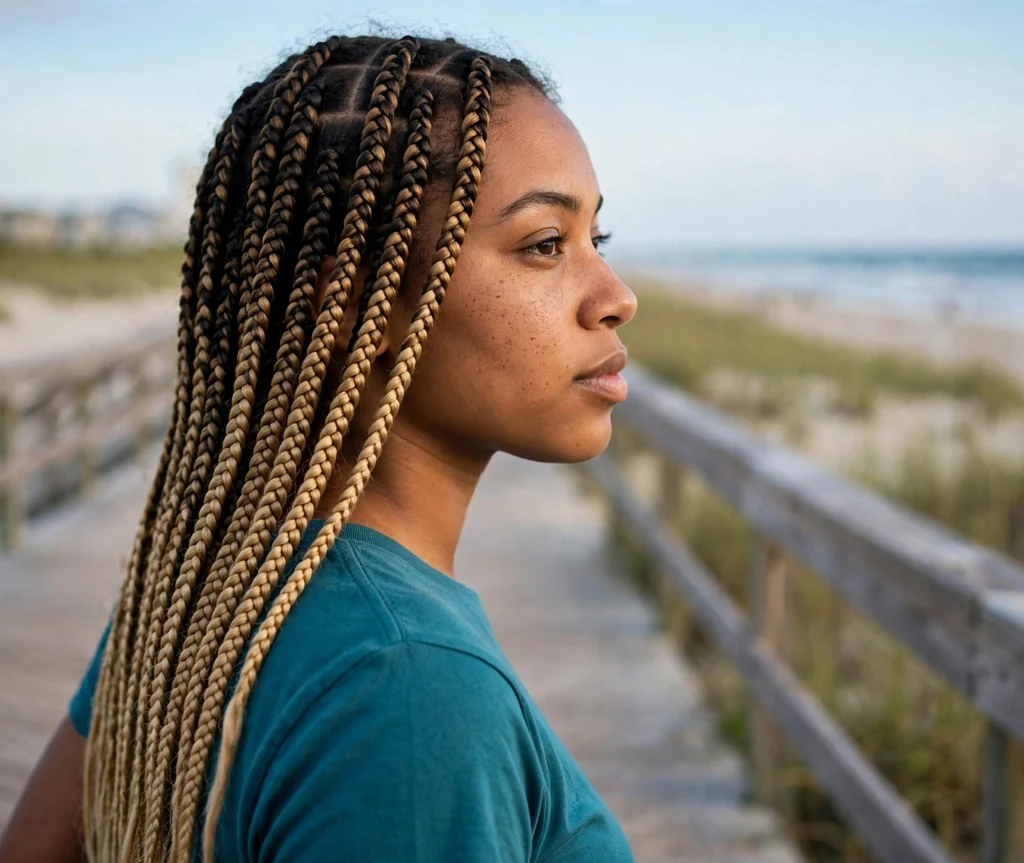 Black woman with ombre knotless box braids fading from dark to blonde