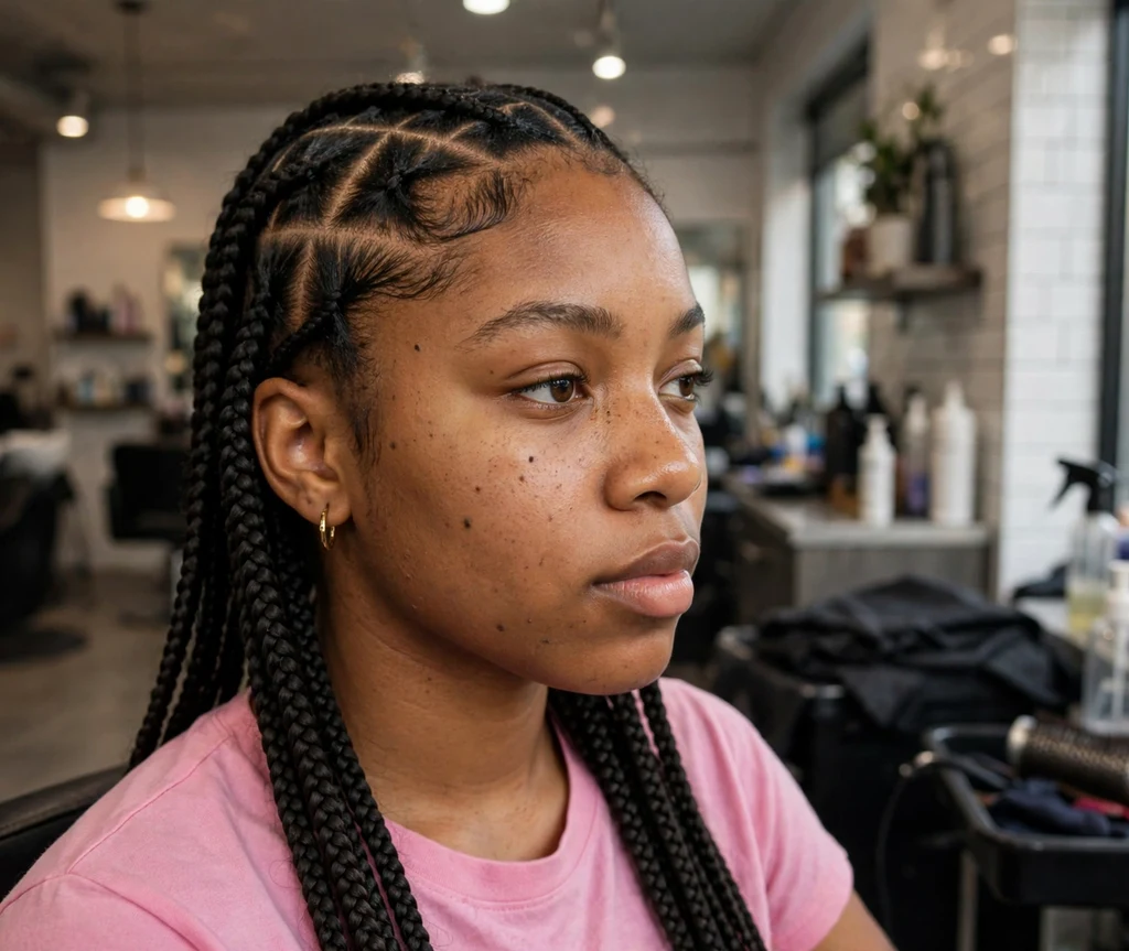 Black woman with triangle parted knotless box braids close up