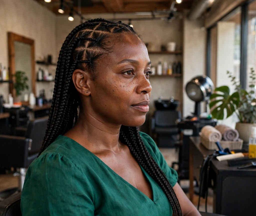 Black woman with diamond parted knotless box braids in a salon chair