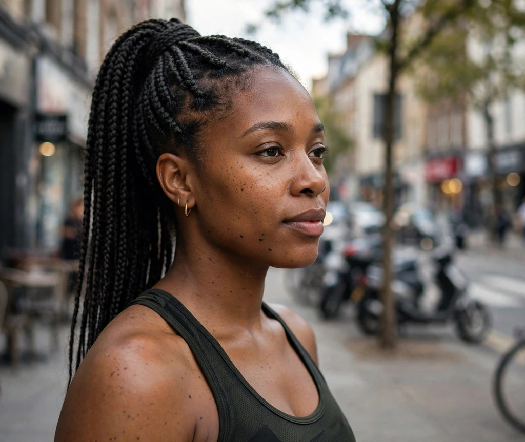 Black woman with knotless box braids styled in a high ponytail