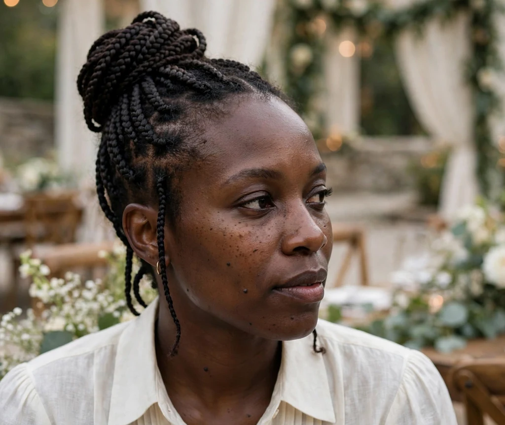 Black woman with knotless box braids twisted into a sleek top bun