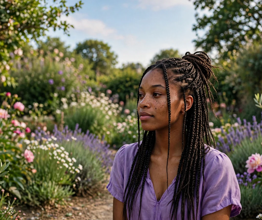 Black woman with half up half down knotless box braids in a garden