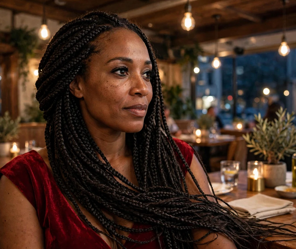 Black woman with side swept knotless box braids at a cafe