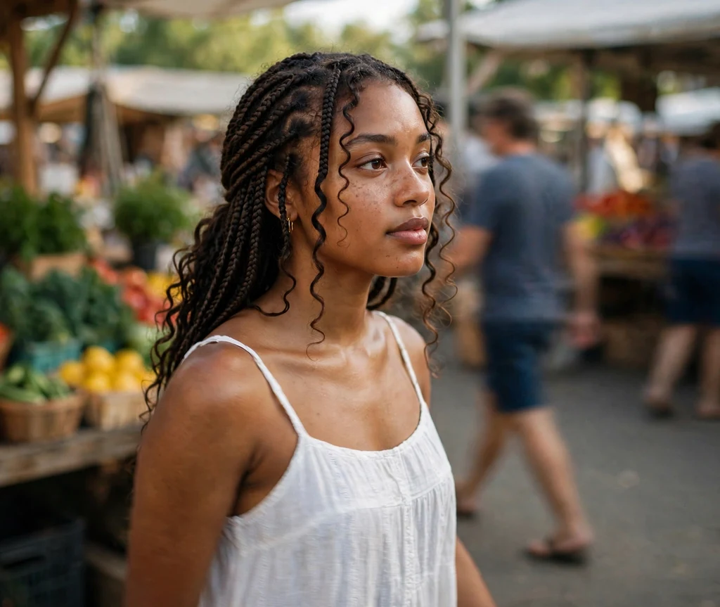 Black woman with knotless braids and curly tendrils framing her face
