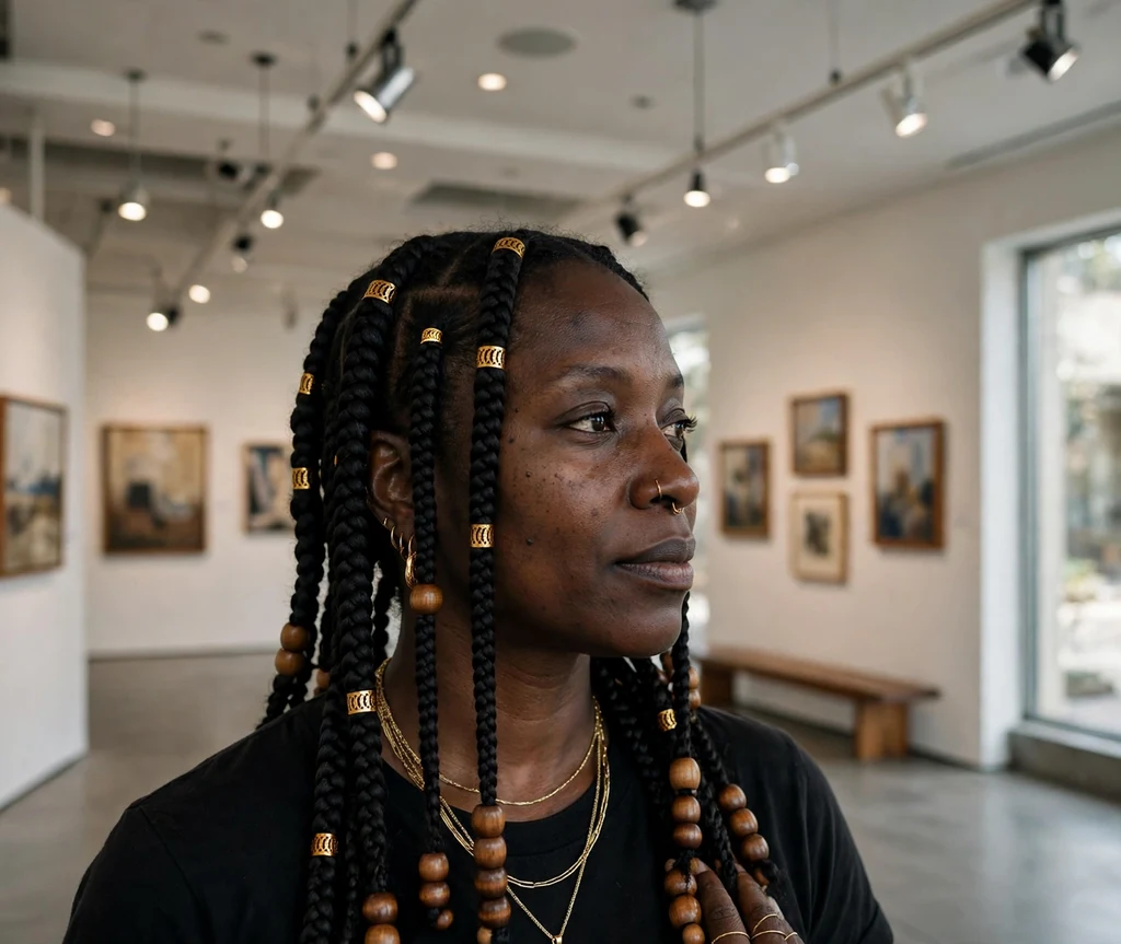 Black woman with knotless braids decorated with gold cuffs and beads