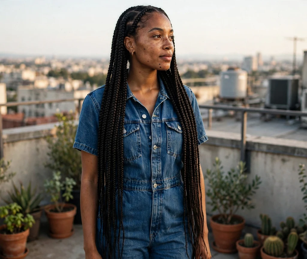 Black woman with middle parted extra long knotless box braids