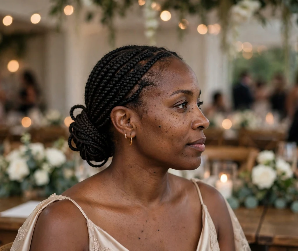 Black woman with knotless braids in a low chignon updo at a wedding