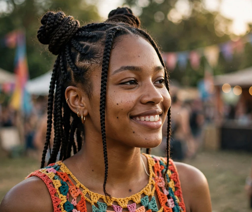 Black woman with knotless braids styled in playful space buns