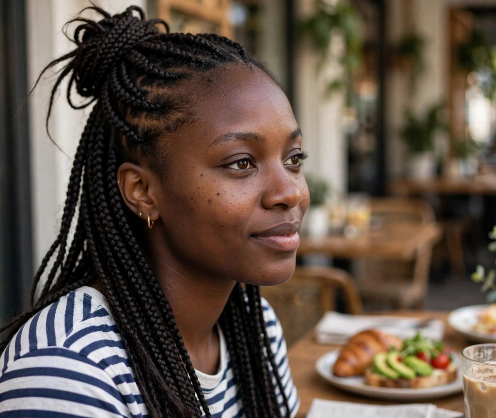 Black woman with half up top knot and flowing knotless braids