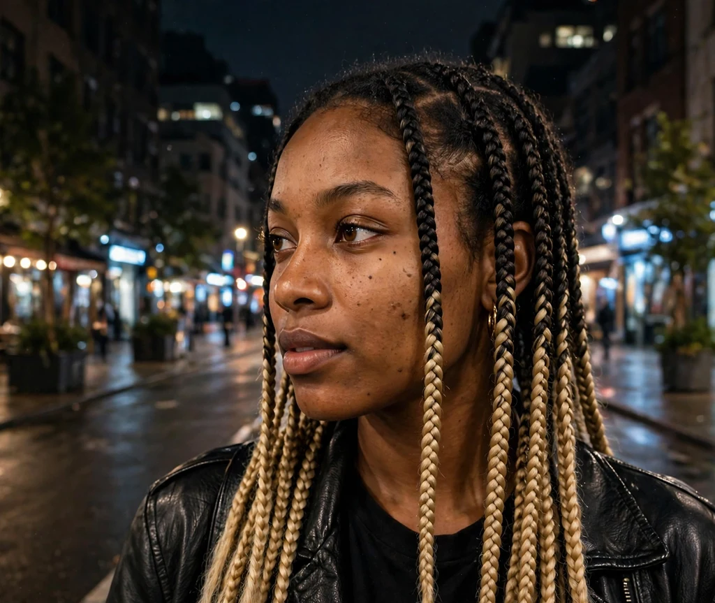 Black woman with dip dyed knotless braids with blonde ends
