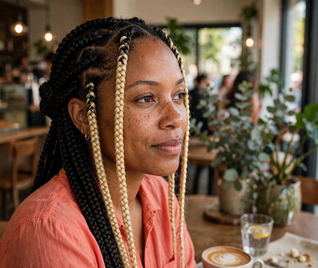 Black woman with knotless braids and blonde money piece highlights in front