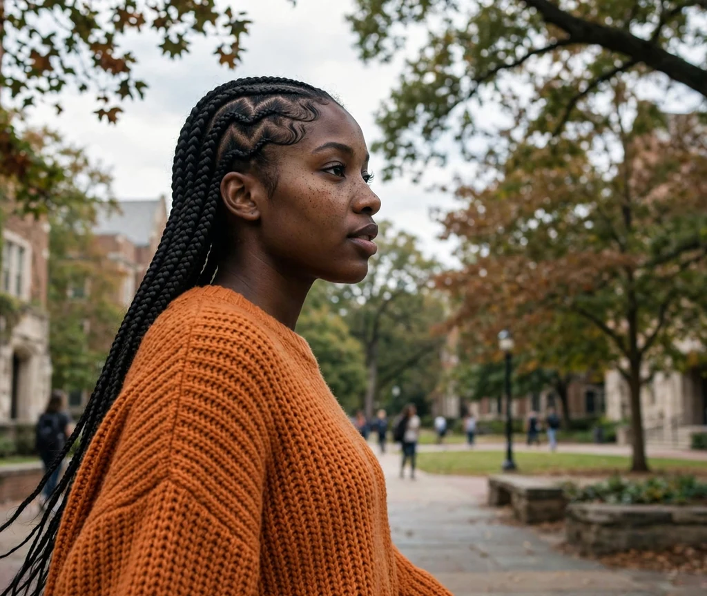 Black woman with zigzag parted knotless box braids