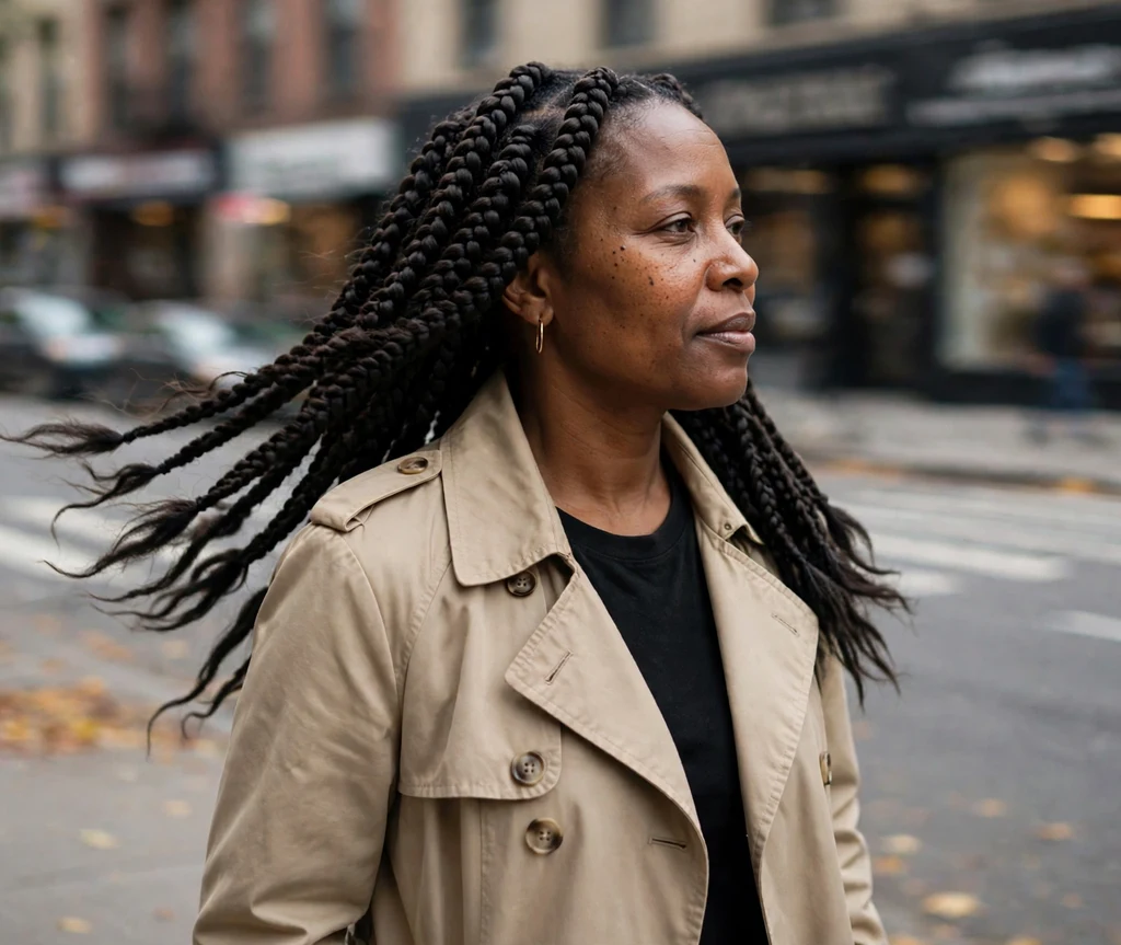 Black woman with chunky knotless braids and feathered ends