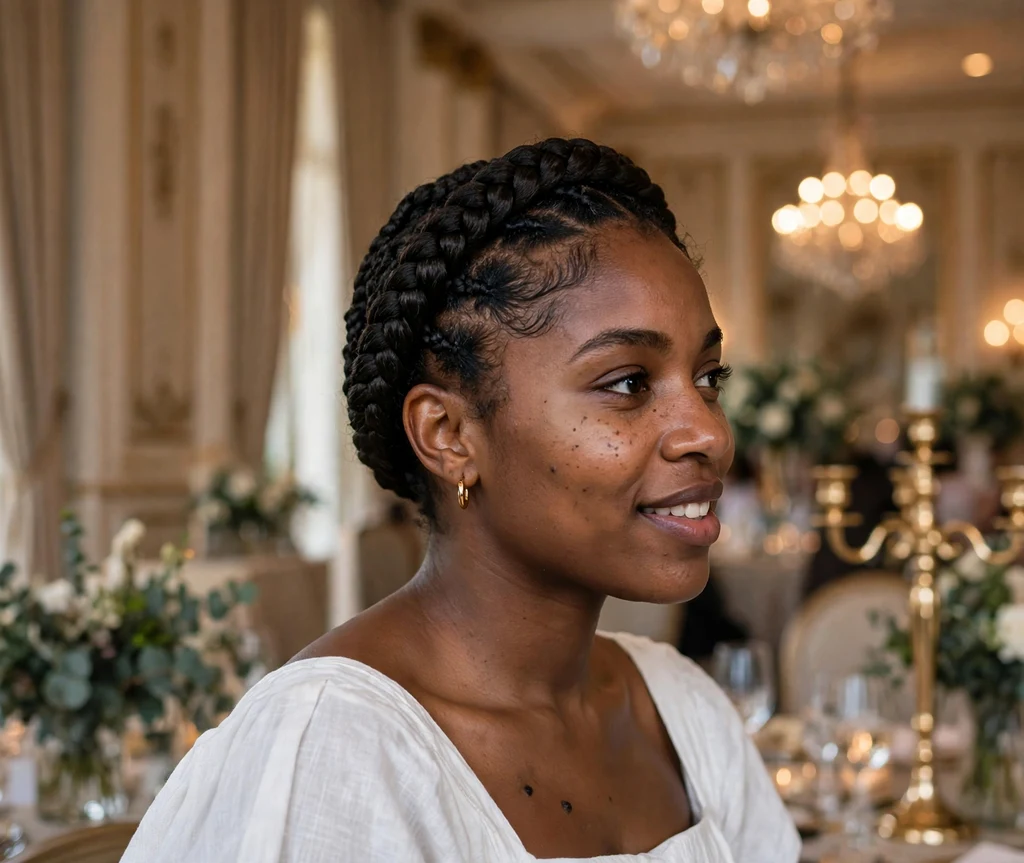 Black woman with knotless braids wrapped into a halo crown