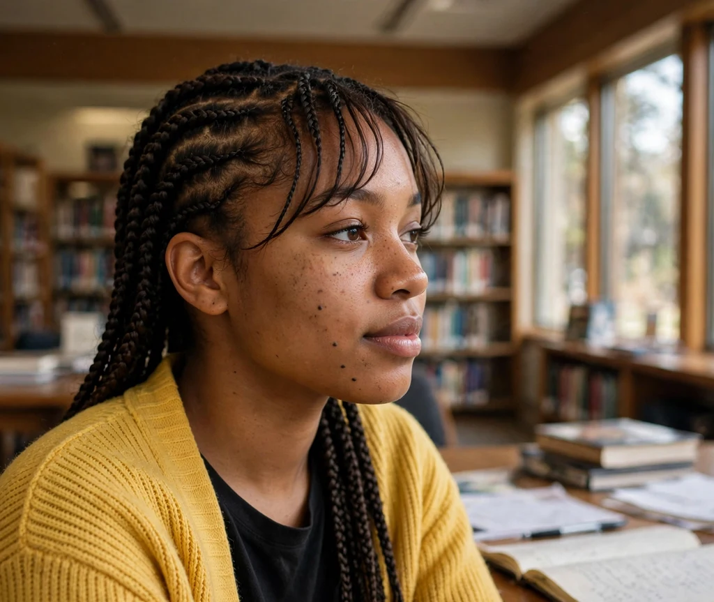 Black woman with knotless braids and wispy side bangs