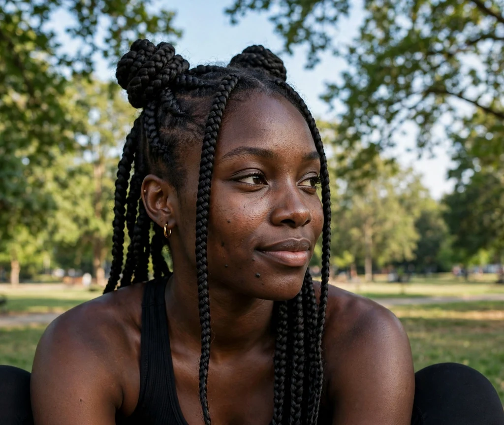 Black woman with knotless braids in double braided buns