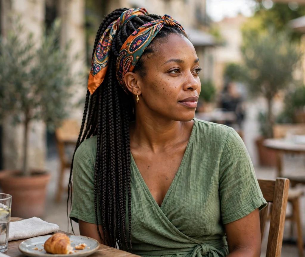 Black woman with knotless braids tied with a colorful silk scarf