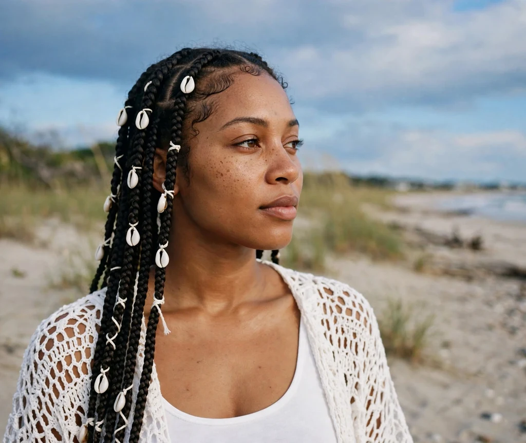 Black woman with knotless braids adorned with cowrie shells at the beach