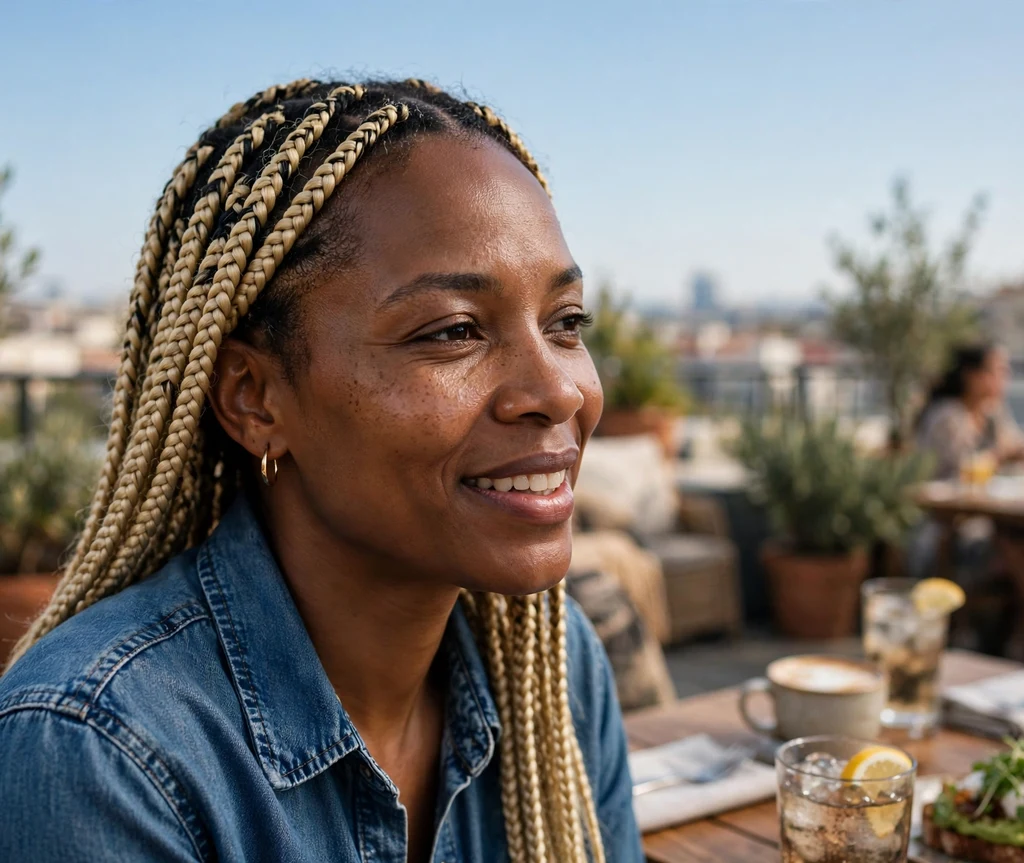Black woman with blonde knotless braids and dark roots