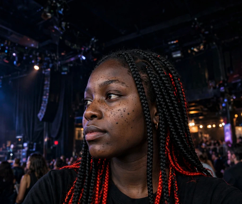 Black woman with peekaboo red knotless braids underneath black braids