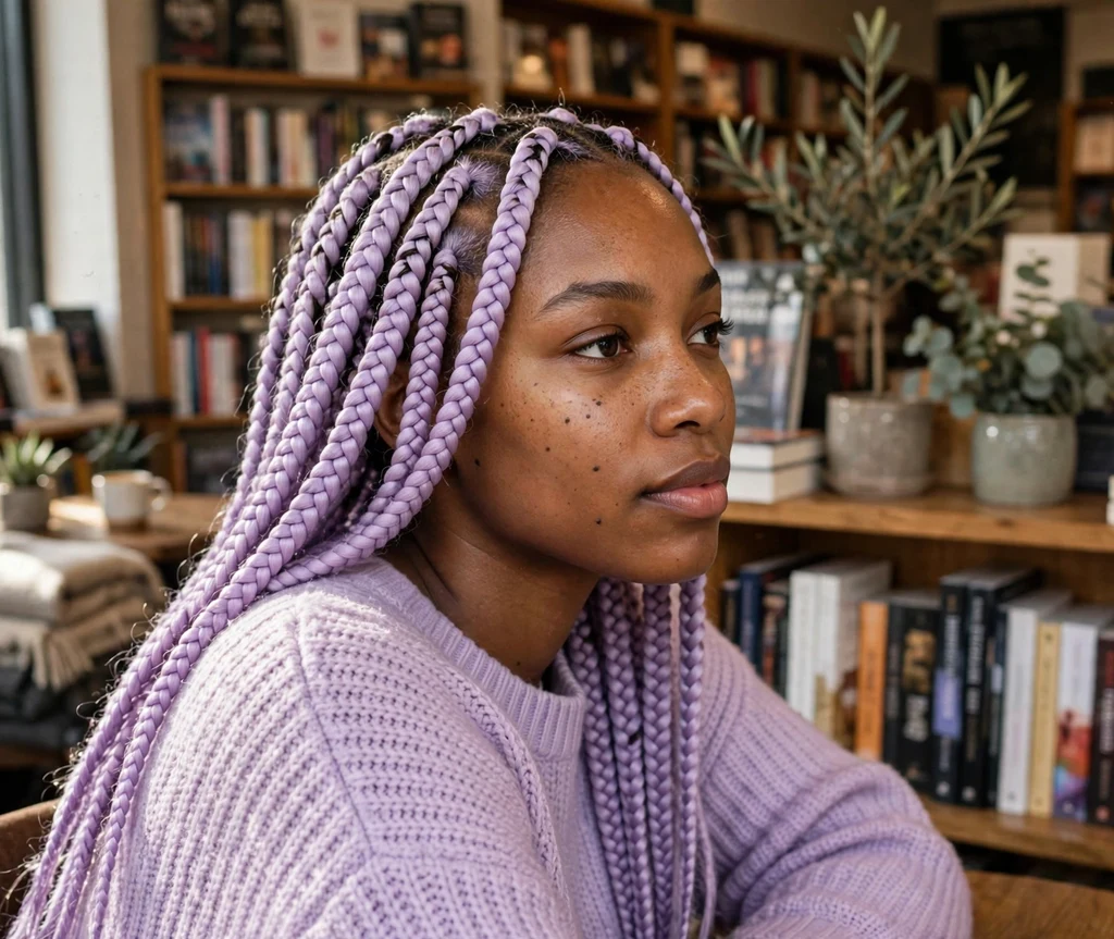 Black woman with pastel lavender knotless box braids