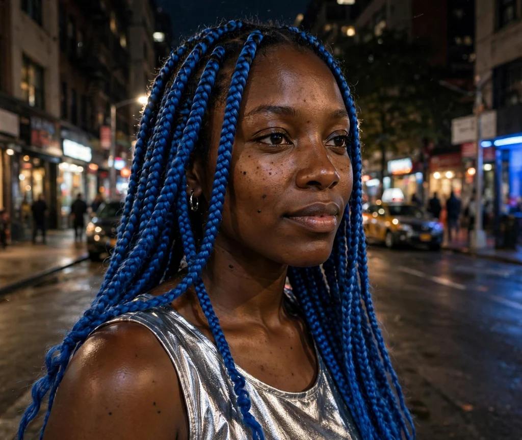 Black woman with electric blue knotless box braids