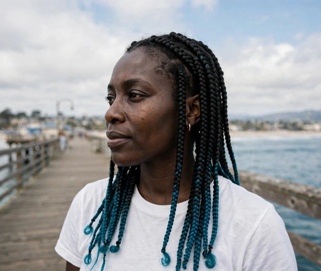 Black woman with teal tipped knotless box braids